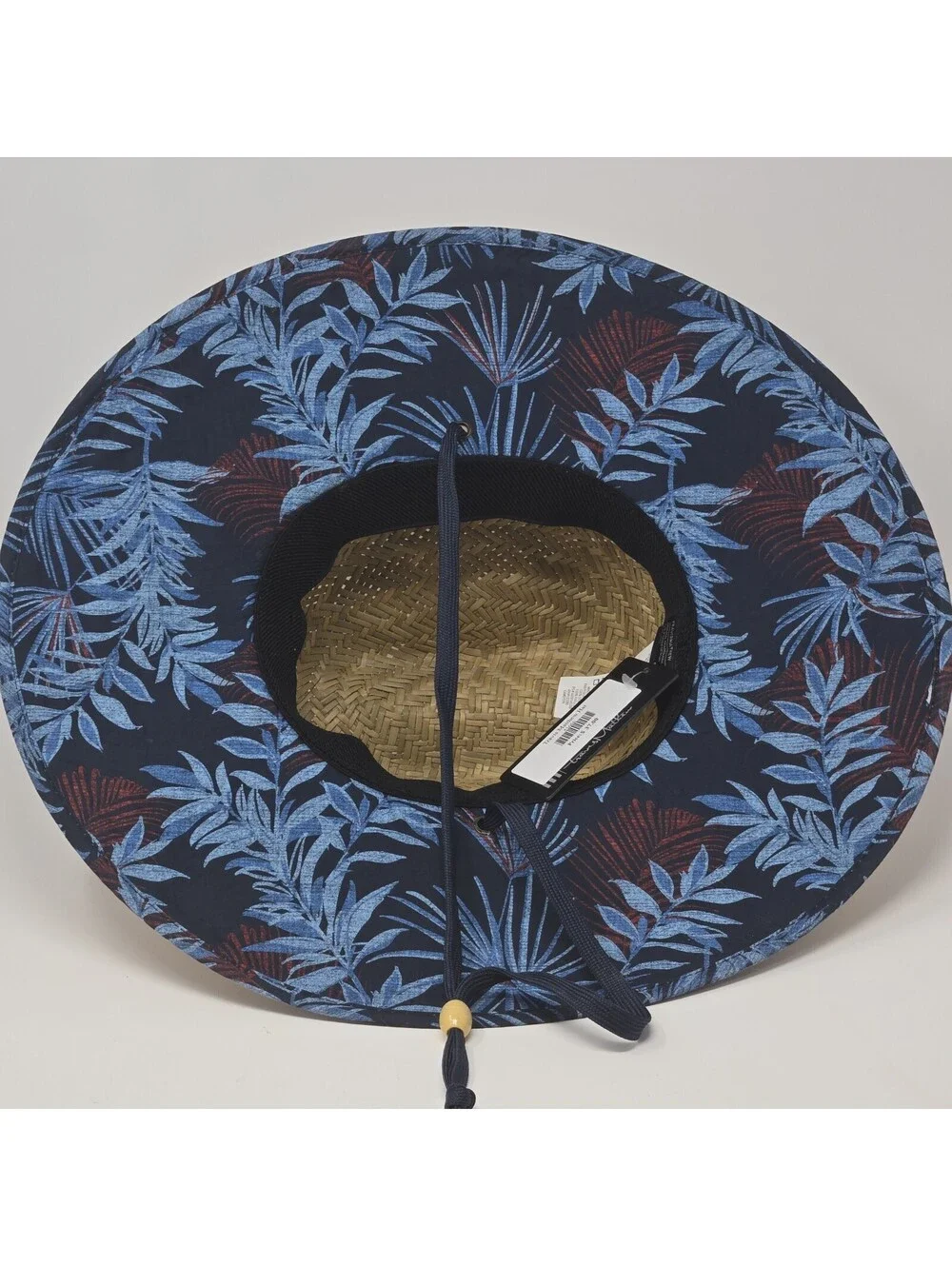TravisMathew Straw Lifeguard Sun Hat Wide Brim Chin Strap Blue Trim New One Size